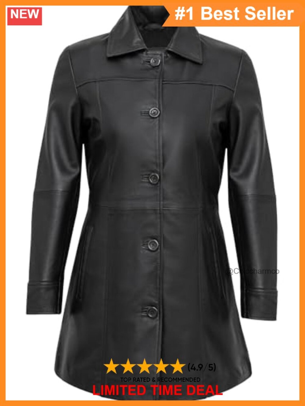 Real Lambskin Leather Car Coat 3/4 Length Button Front Overcoat